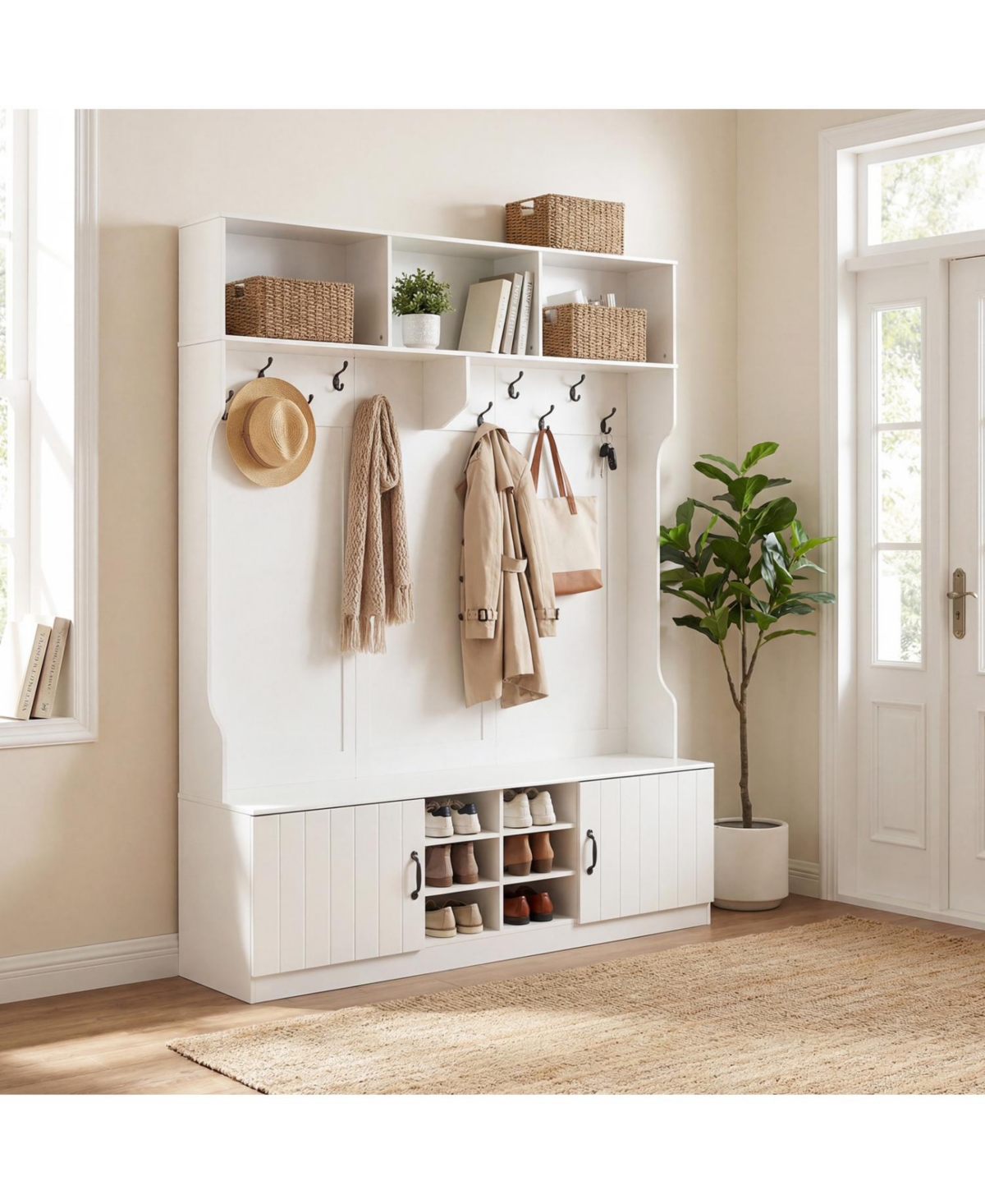 Mecale 59 in Wide 6-in-1 Hall Tree with Storage Bench and Cubbies
