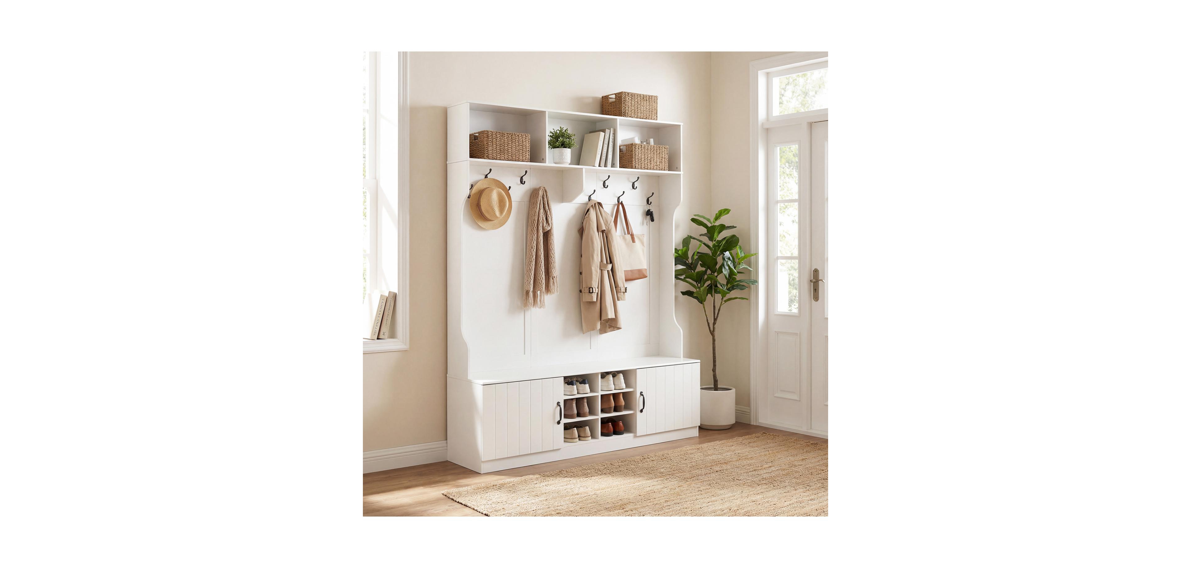 Mecale 59 in Wide 6-in-1 Hall Tree with Storage Bench and Cubbies