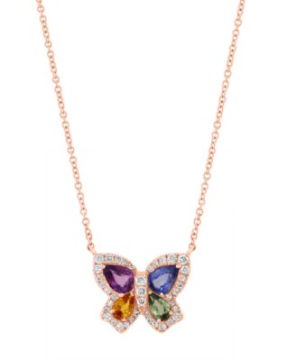 Diamond and Multi-Stone Butterfly Pendant Necklace (1/4 ct. t.w. Diamond, 1-1/2 ct. t.w. Multi Sapphire) in 14k Rose Gold