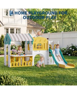 Kids Slide and Playhouse, Toddler Slide Set, Modern Indoor Climb Castle with Tent for Playroom, Blue and Gray, Ages 3 to 6