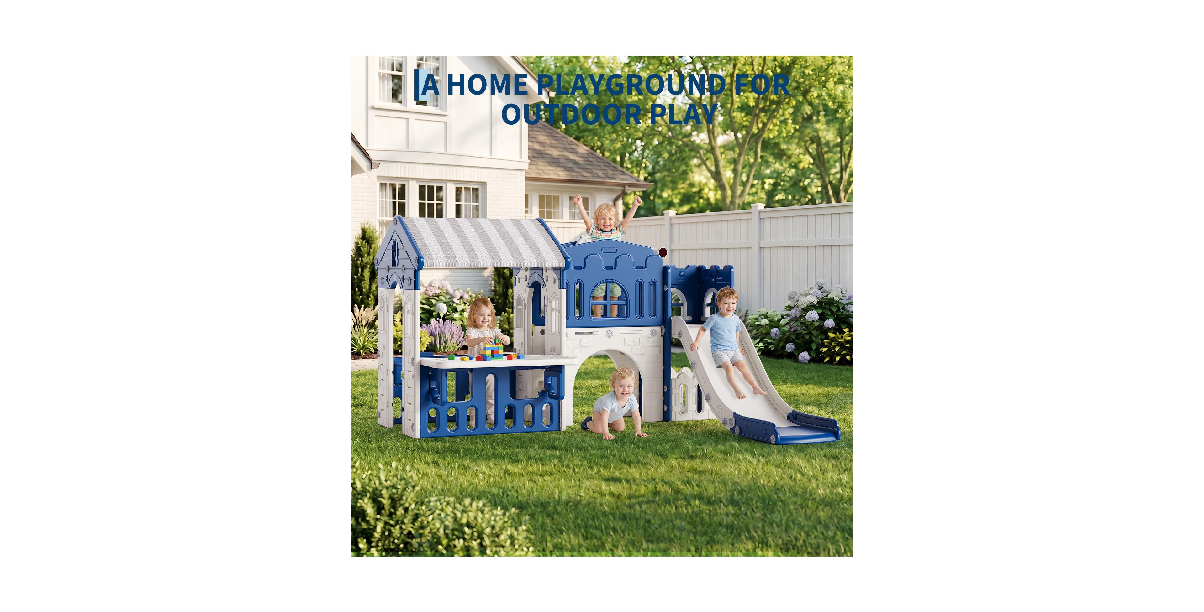homfan Kids Slide and Playhouse, Toddler Set, Modern Indoor Climb Castle with Tent for Playroom, Blue Gray, Ages 3 to 6