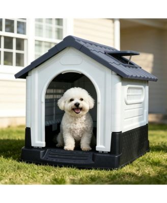 Waterproof Plastic Dog House - Outdoor Pet House with Elevated Floor, Air Vents and Sloping Roof
