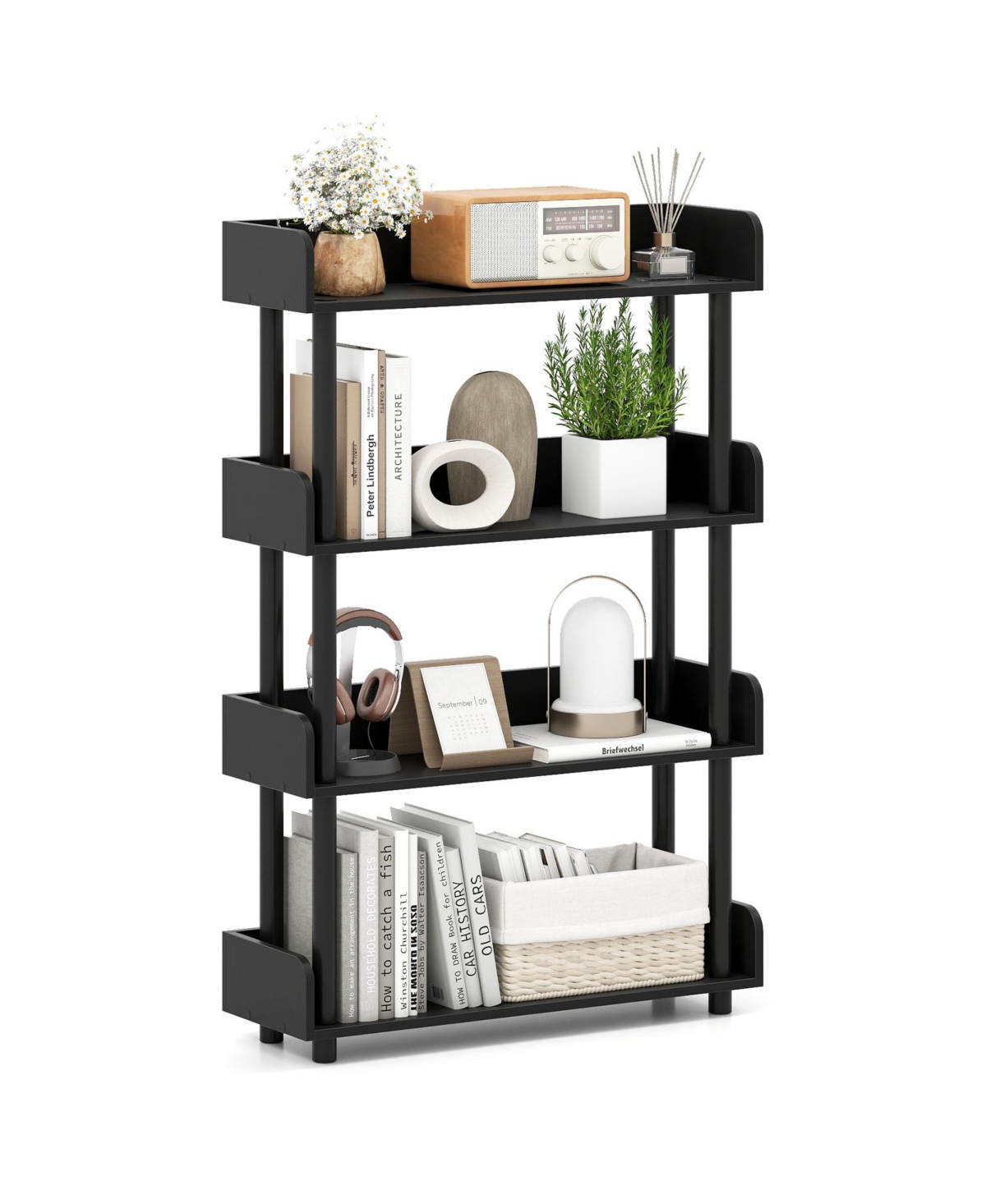 Mecale 48.5 Inch 4-Tier Engineered Wood Industrial Open Bookshelf with Anti-Falling Guardrails - Black
