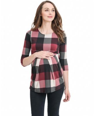 Women's Plaid Front-Pleated Three-Quarter-Sleeve Top