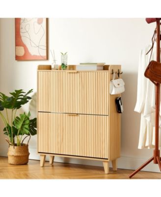 Flip Down Shoe Cabinet, Wave Fluted Shoe Rack With 2 Flip Drawers, Side Hooks and Top Guardrail, Slim Shoe Storage