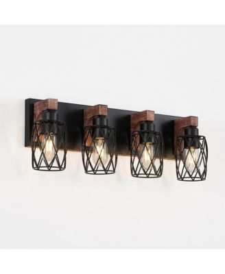 Lighting Commune 4-Light Industrial Wall Sconce Black Cage Wood Accent