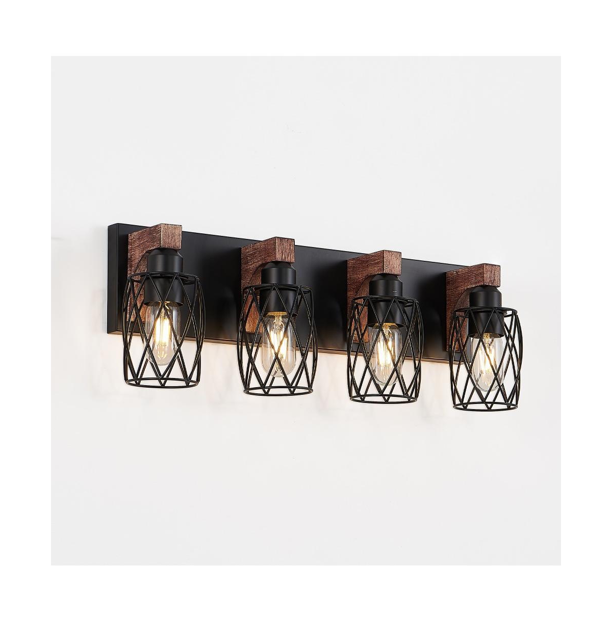 Lighting Commune 4-Light Industrial Wall Sconce Black Cage Wood Accent