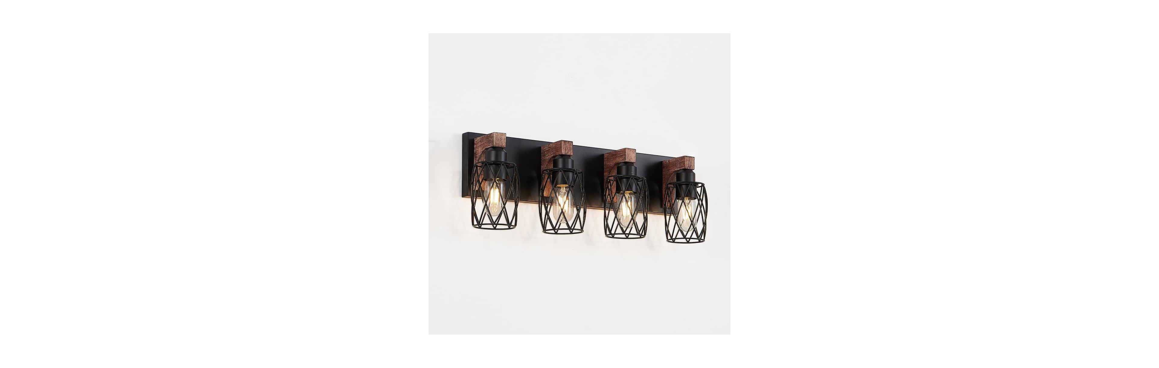 Lighting Commune 4-Light Industrial Wall Sconce Black Cage Wood Accent