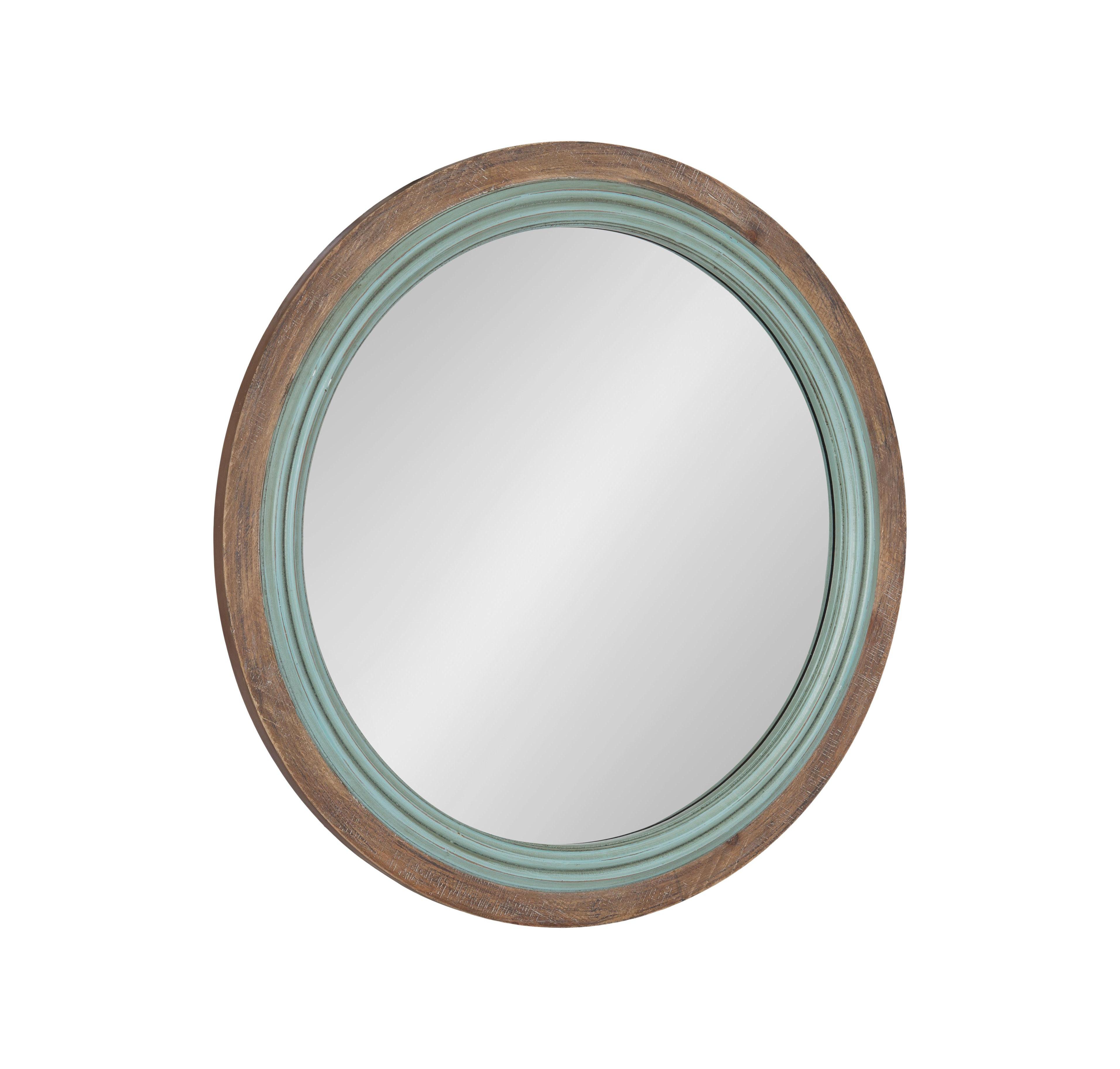 Kate and Laurel Palmer Wood Round Wall Mirror 26 Inch Diameter, Blue and Rustic Brown, Rustic Bathroom Mirror for Over Sink