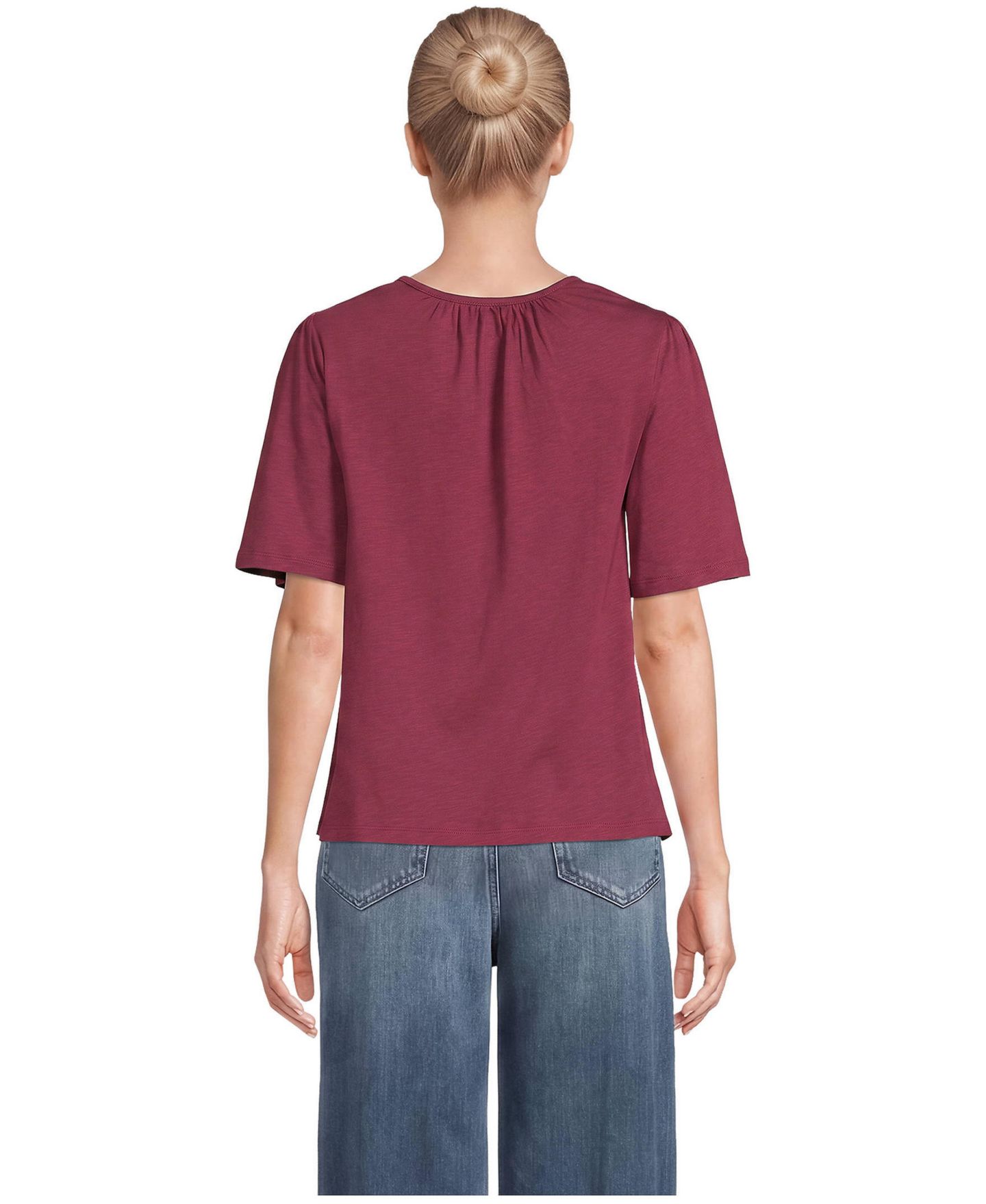 Женская блузка Lands' End Elbow-Sleeve Slub Jersey Embroidered Pintuck, цвет: С принтом / Бордовый — фото 3