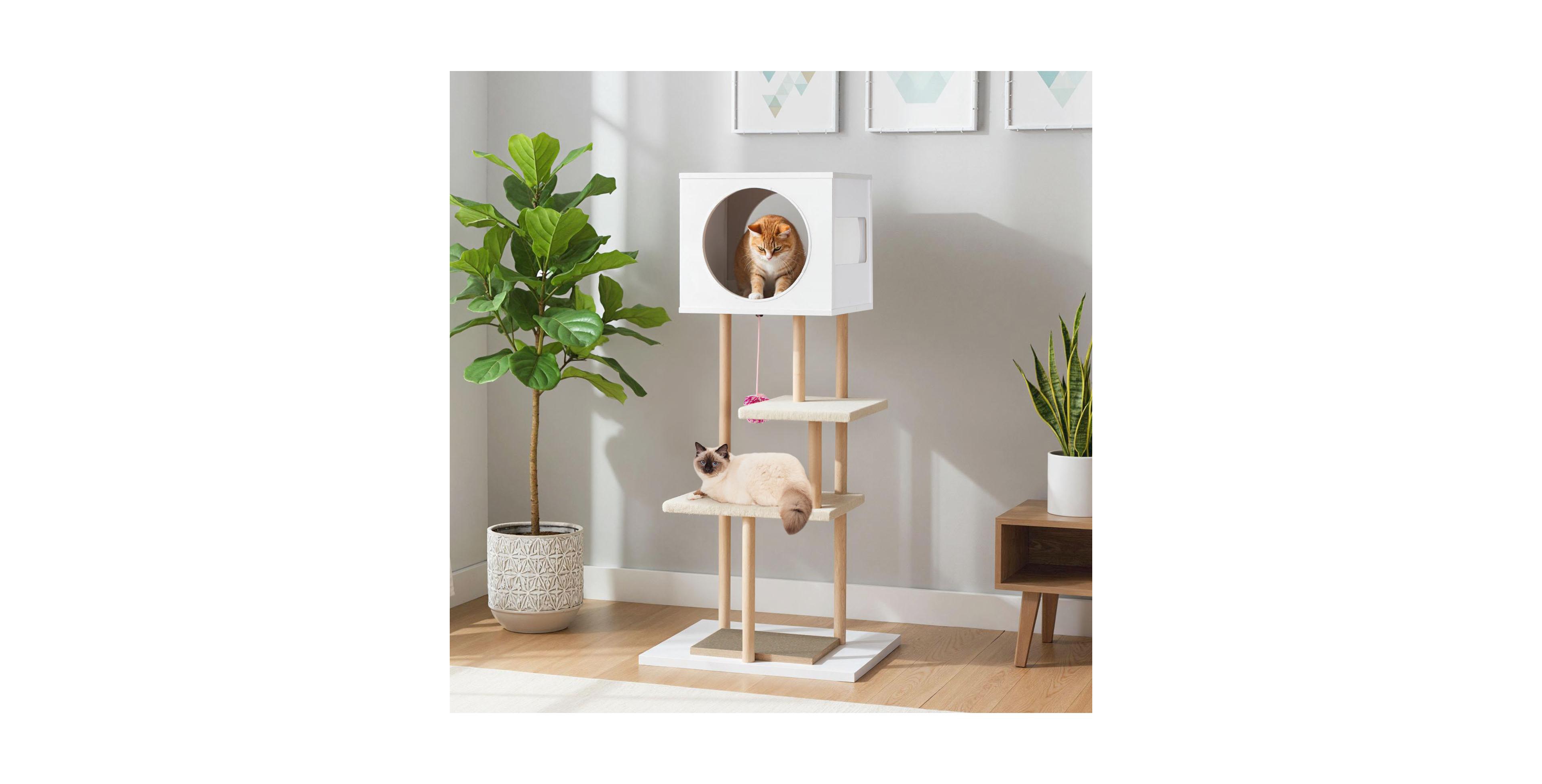 Zeny Tall Wood Cat Tower with 2 Corrugated Cardboard Scratchers