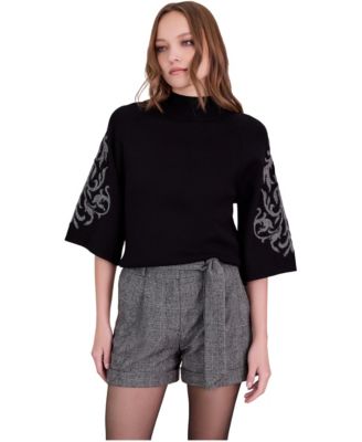 Women's Geri Mock-Neck Bell-Sleeve Plaid-Applique Pullover