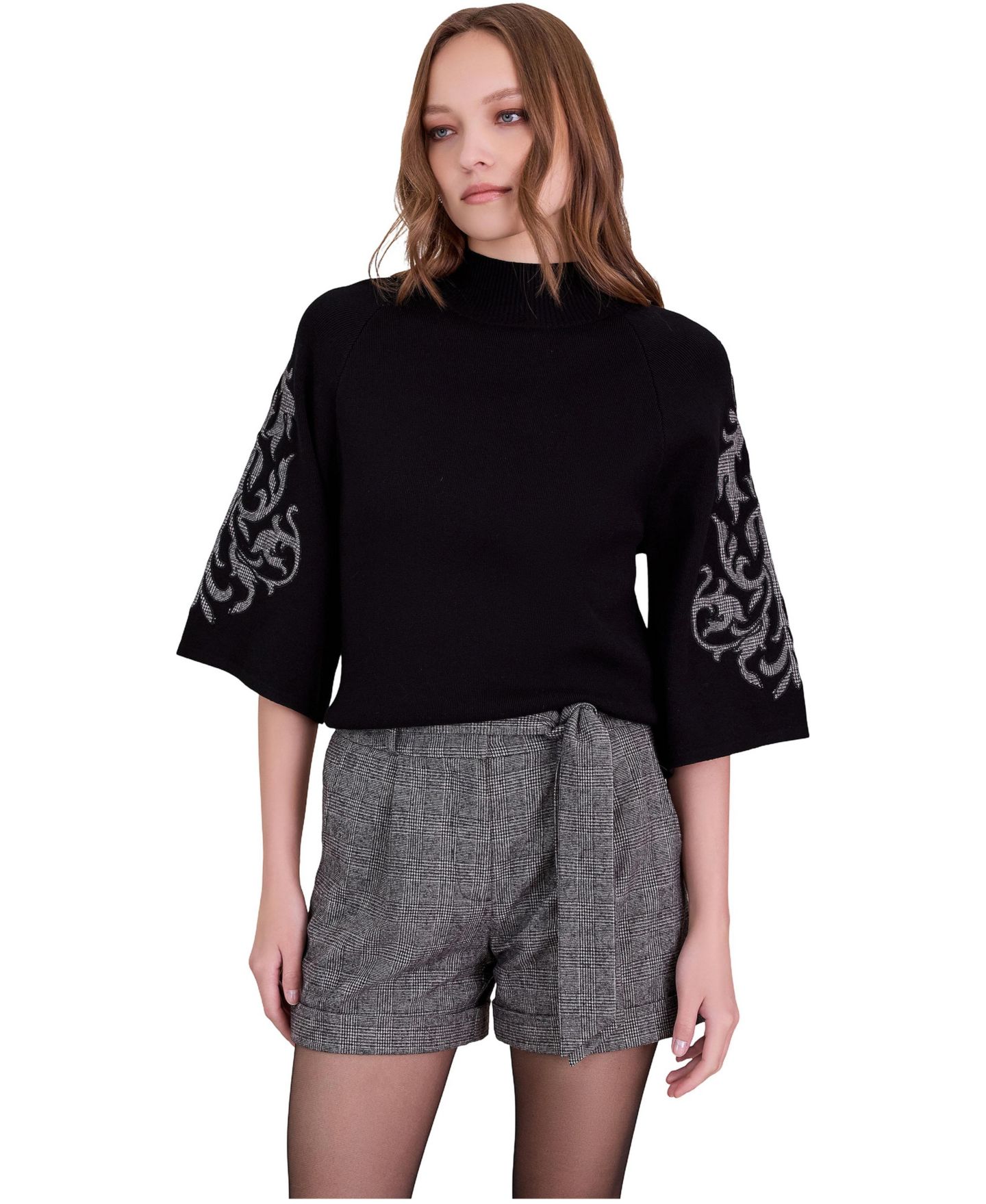 Женский свитер Anne Fontaine Geri Mock-Neck Bell-Sleeve Plaid-Applique Pullover, цвет: Чёрный — фото 1