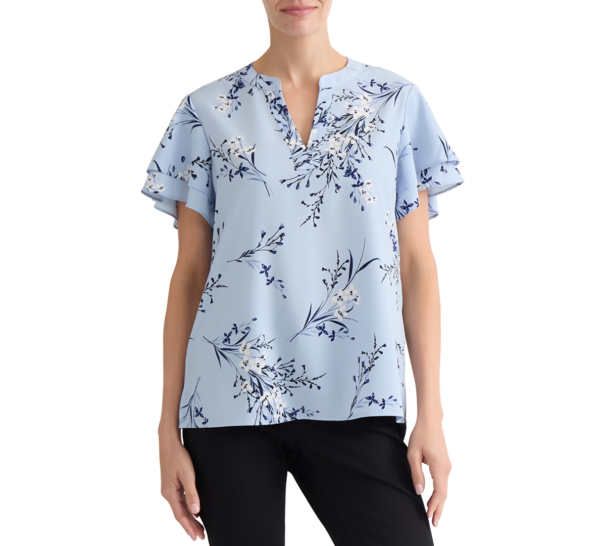 Jones New York Women's Floral-Print Flutter-Sleeve Split-v Blouse