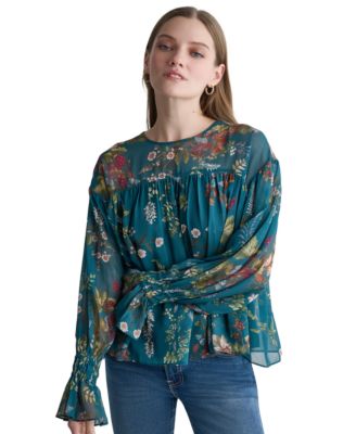 Women's Drop-Shoulder Chiffon Crew Neck Long Sleeve Blouse