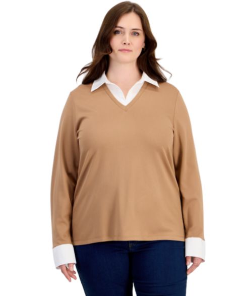 Женская блузка Jones New York Plus Size Twofer Long-Sleeve Collared V-Neck Woven-Cuff, цвет: Натуральный белый