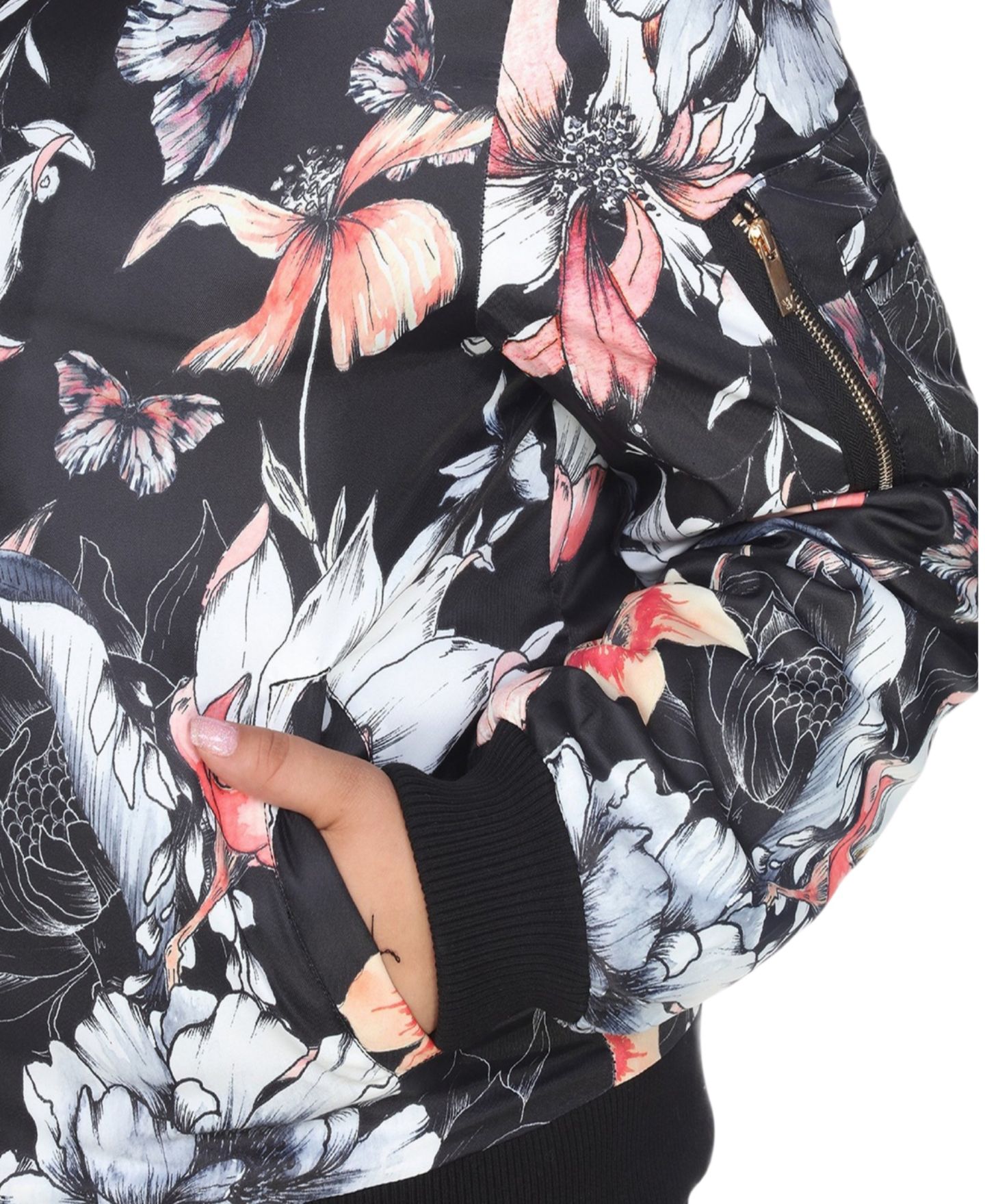 Женская куртка White Mark Plus Size Floral-Print Bomber, цвет: Чёрный — фото 4