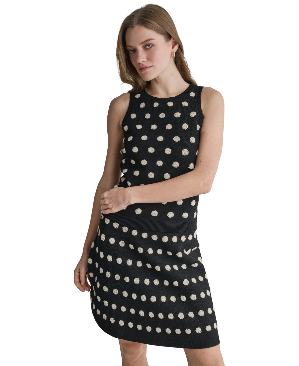 Bcbg Women's Polka Dot Sleeveless Crewneck Sweater Top In Black,buttercream