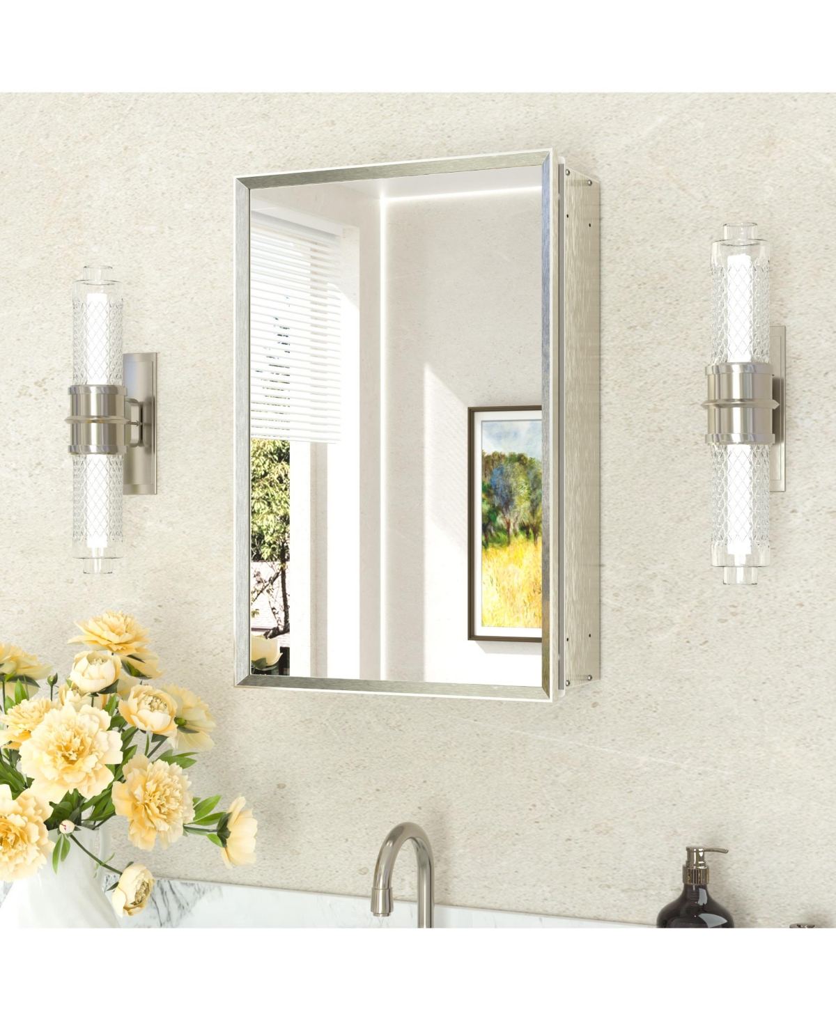 keonjinn Brushed Nickel Medicine Cabinets Mirrors Surface/Recessed Mount Mirrored Rectangle Soft Close