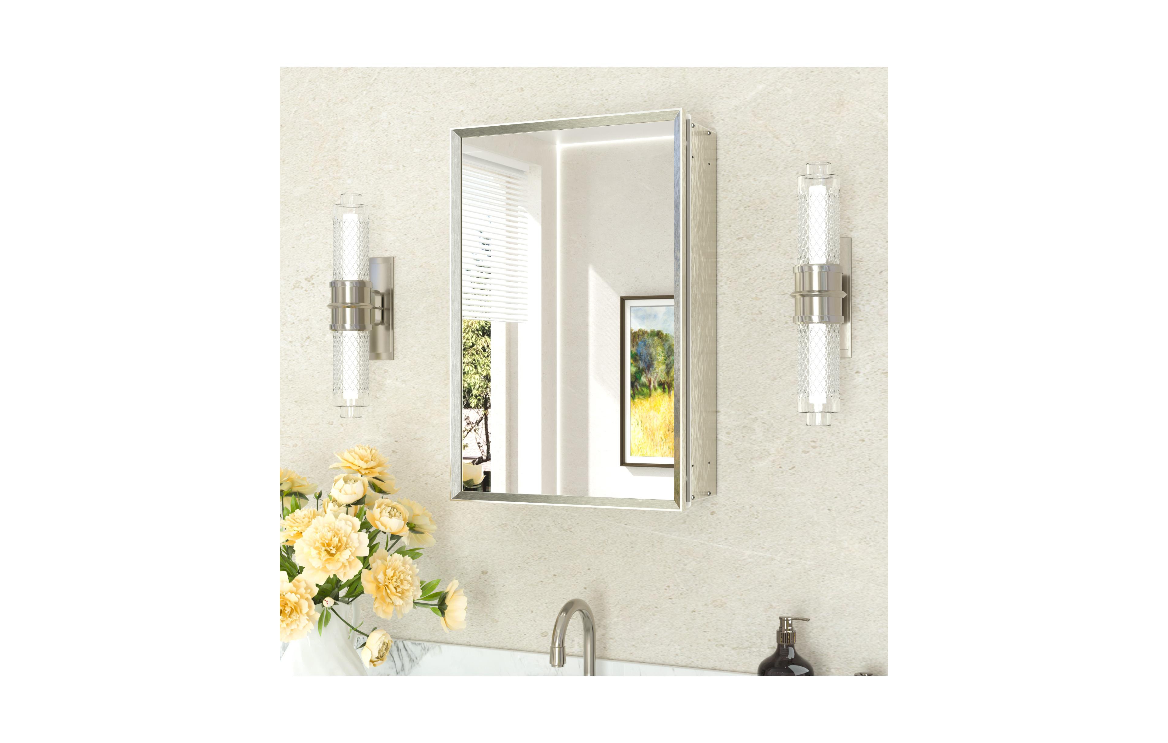 keonjinn Brushed Nickel Medicine Cabinets Mirrors Surface/Recessed Mount Mirrored Rectangle Soft Close