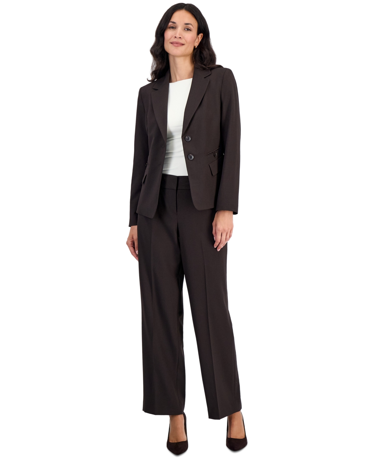 Le Suit Women's Wide Leg Notched-Collar Jacket and Pants, 2-Piece Suit Set - Espresso