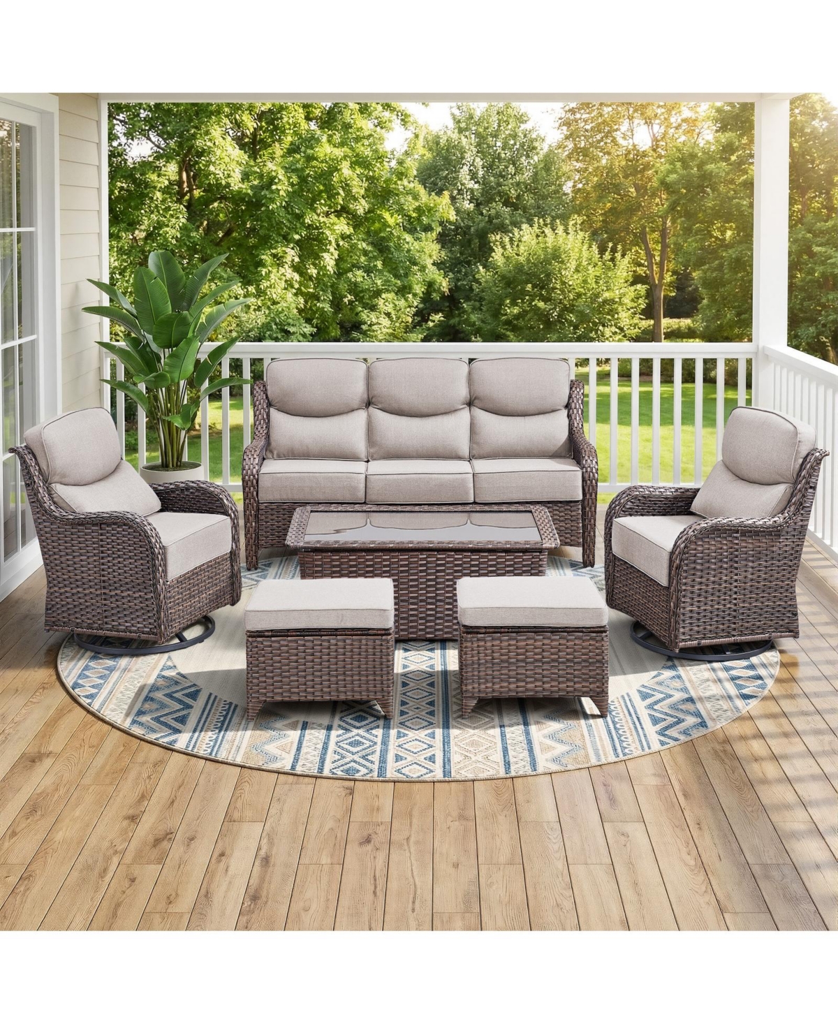 Bellefurn 7 - Person Wicker Patio Conversation Set with Coffee Table and 6-Inch Luxury Cushions Swivel Chairs, Side