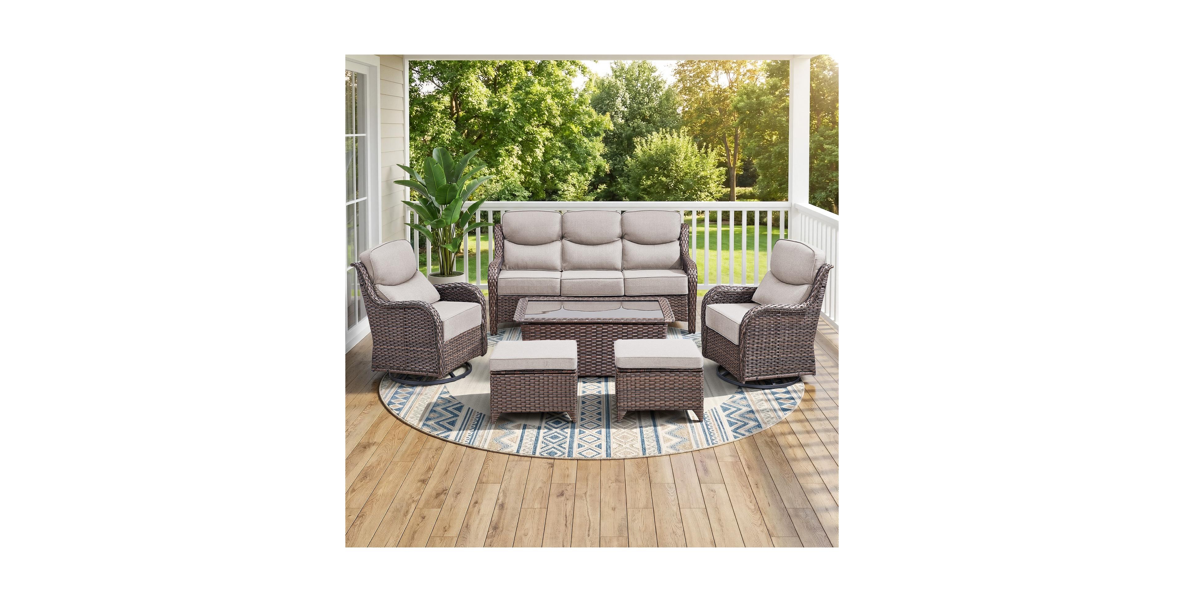 Bellefurn 7 - Person Wicker Patio Conversation Set with Coffee Table and 6-Inch Luxury Cushions Swivel Chairs, Side