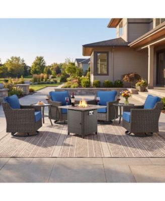 Horiz 7-Piece Patio Swivel Rocking Chair Set with 50,000 BTU Fire Pit Table and Glass Side Tables Outdoor Wicker Furniture Set