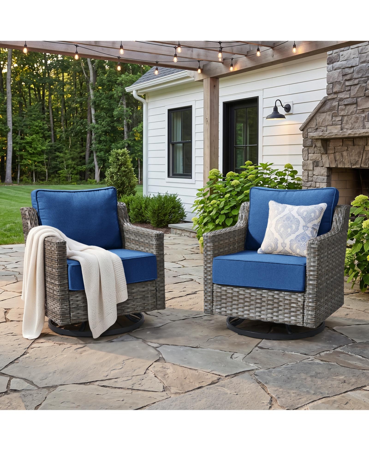 Pocassy Horiz Swivel Premium All-Weather Wicker Outdoor Lounge Chair Set of 2, 6inch Thick Cushions