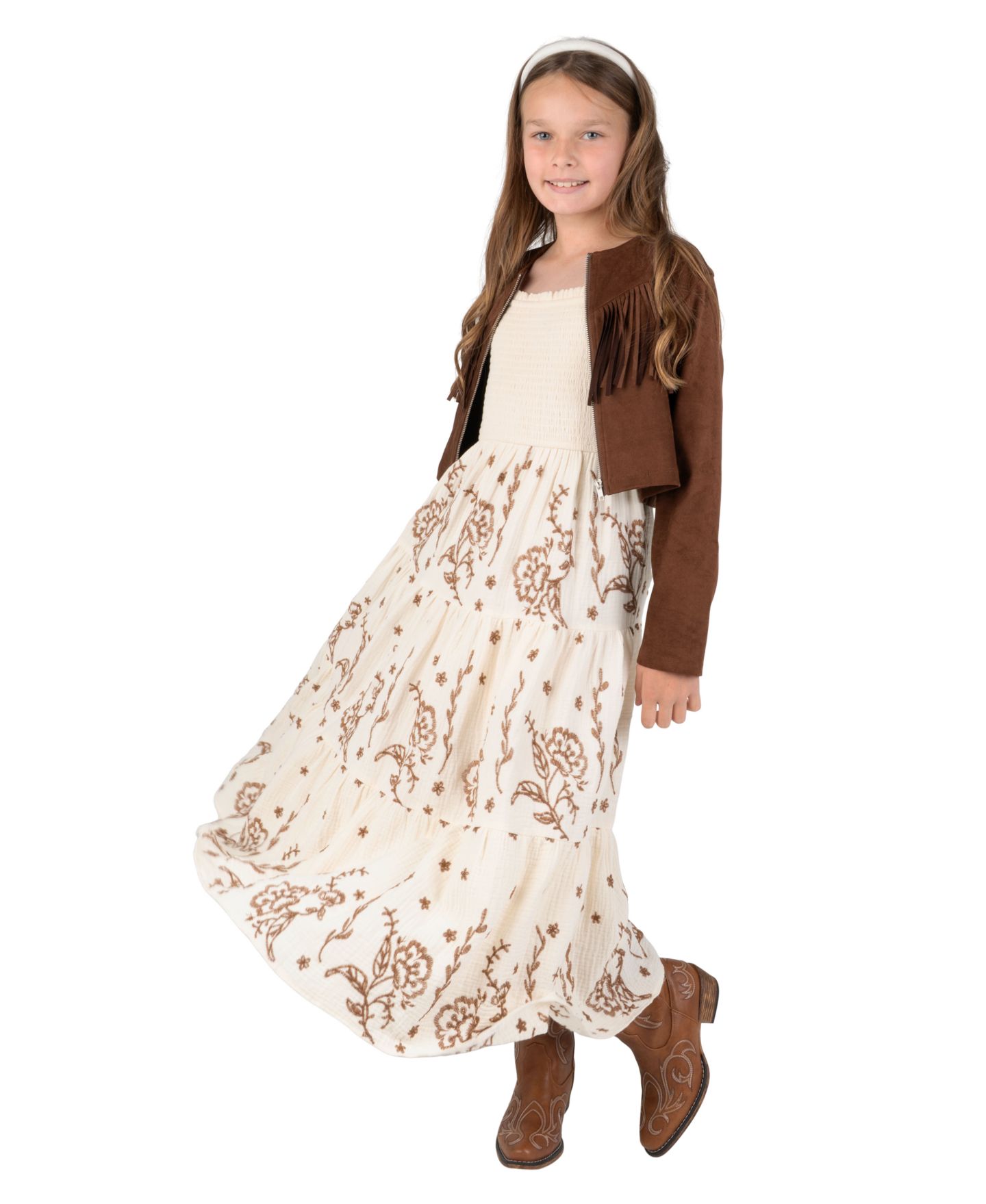 Платья Rare Editions Embroidered Tiered Maxi Dress and Jacket, 2-Piece Set для девочек, цвет: Коричневый — фото 1