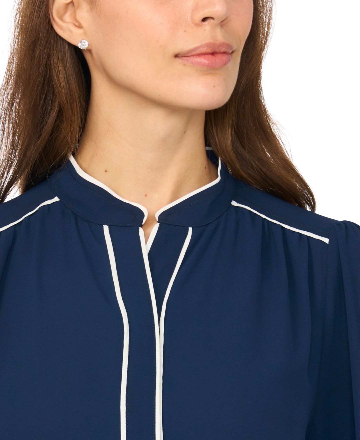Женская блузка CeCe Long-Sleeve Open-Collar with Contrast Piping, цвет: Тёмно-синий — фото 2