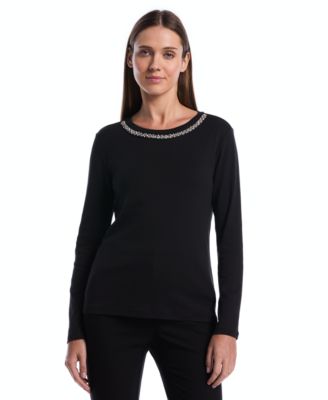 Petite Embellished Crewneck Long-Sleeve Blouse
