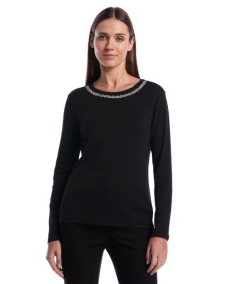 Женская блузка Rafaella Petite Embellished Crewneck Long-Sleeve, цвет: Чёрный
