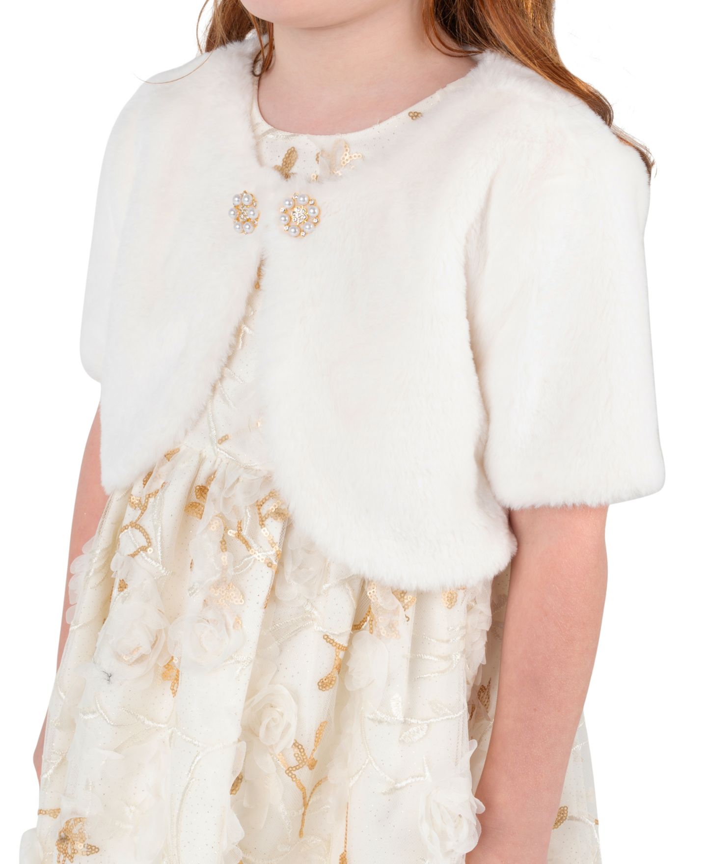 Платья Rare Editions 3-D Flower Soutache Fit & Flare Faux Fur Bolero and Dress, 2-Piece Set для девочек, цвет: Слоновая кость — фото 4