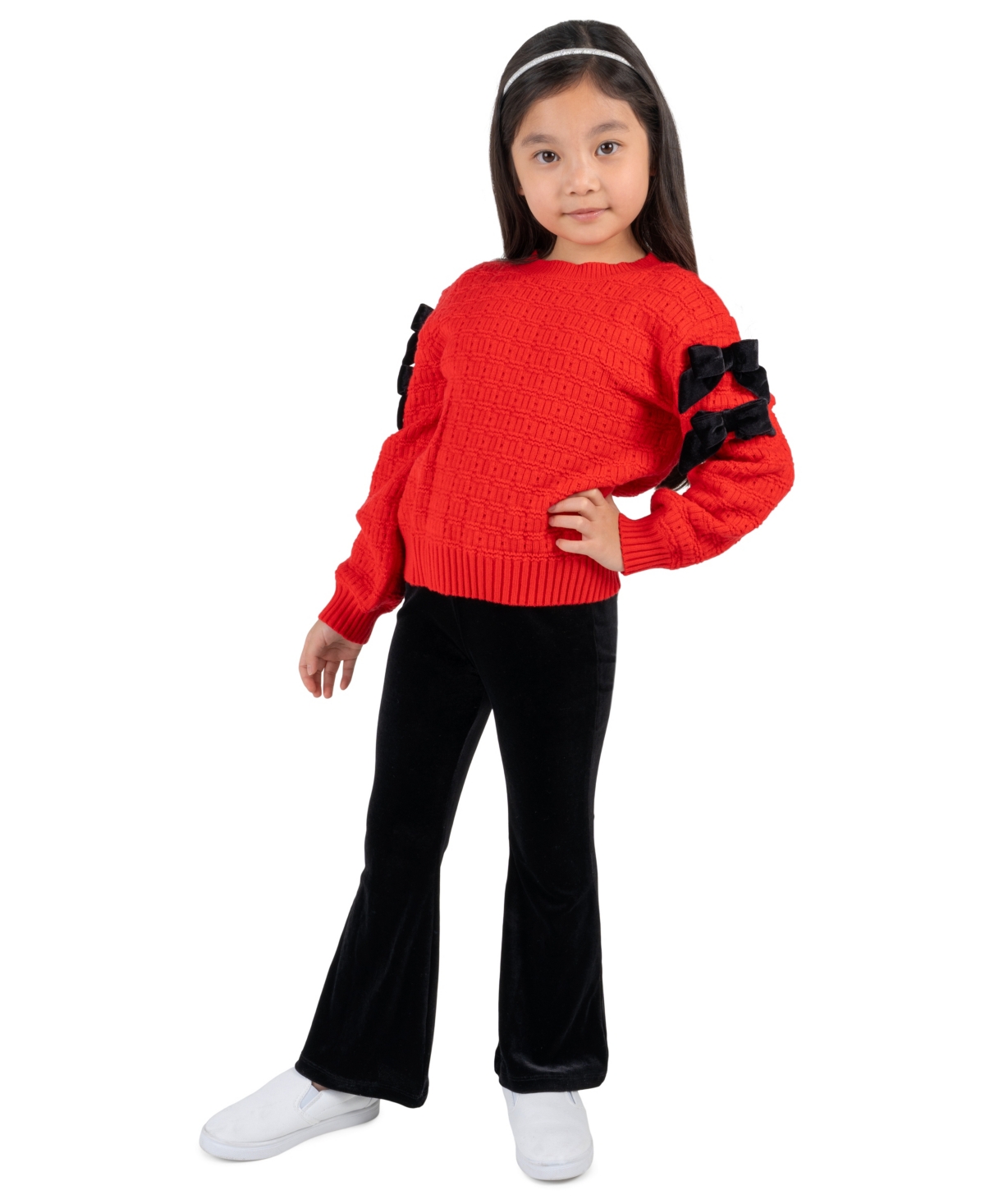 Rare Editions Girls' 2T-16 Long-Sleeve Velvet-Bow Top and Flare Pants, 2-Piece Set