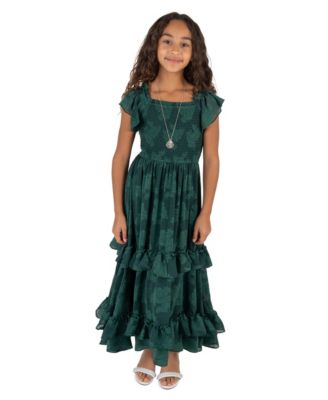 Girls' 7-16 Smocked Tiered Flutter-Sleeve Dress