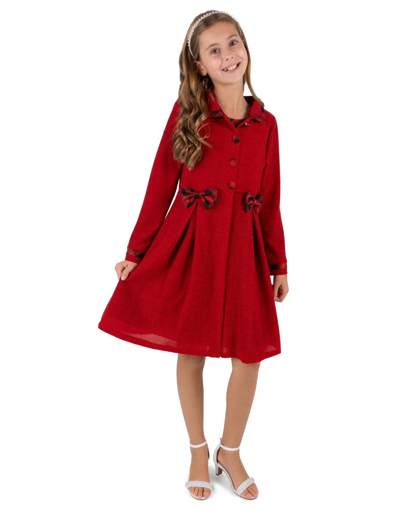 Rare Editions Girls' 7-16 Lurex-Knit Buffalo-Check Bow Coat and Dress, 2-Piece Set, цвет: Красный — фото 1