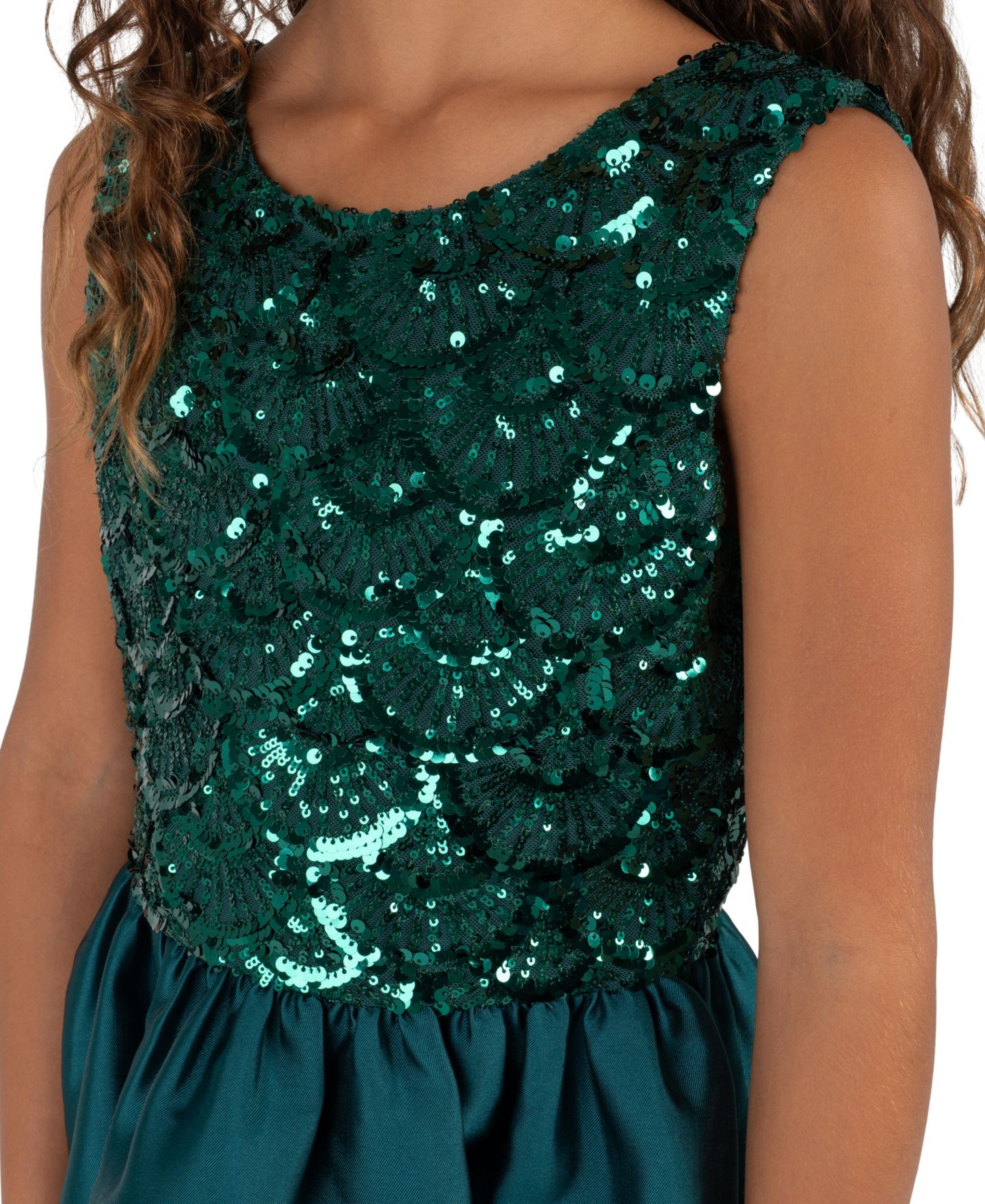 Платье Rare Editions Sequin Embroidered Lace High-Low Sleeveless Dress для девочек, цвет: Тёмно-зелёный — фото 3