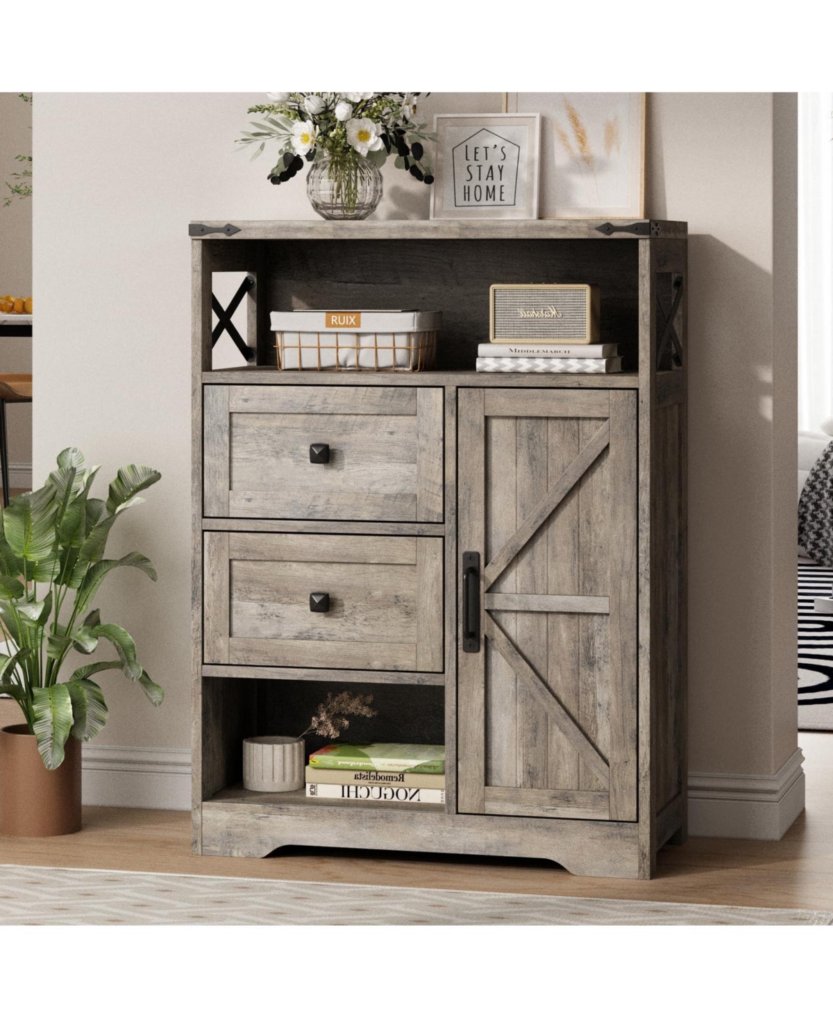 Vabches 27.5-in Farmhouse Coffee Bar Cabinet with 2 Drawers Barn Door Adjustable Shelf and Open Storage for Living Room Entryway Kitchen