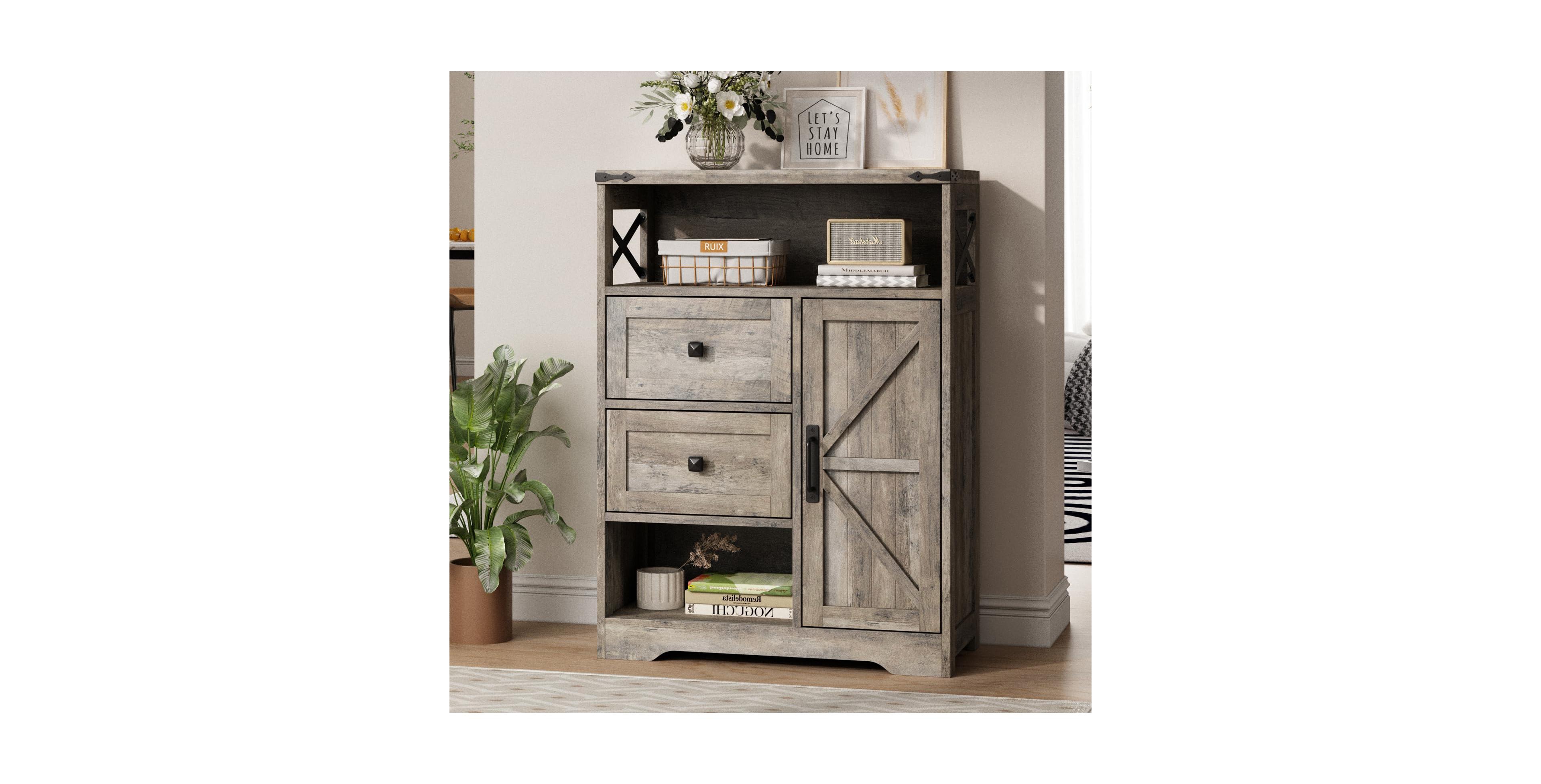 Vabches 27.5-in Farmhouse Coffee Bar Cabinet with 2 Drawers Barn Door Adjustable Shelf and Open Storage for Living Room Entryway Kitchen