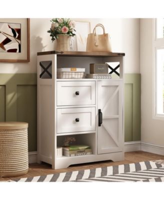 27.5-in Farmhouse Coffee Bar Cabinet with 2 Drawers Barn Door Adjustable Shelf and Open Storage for Living Room Entryway Kitchen