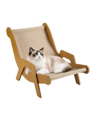 Cat Scratching Chair Wooden Cat Hammock Bed with Natural Sisal Scratching Mat Solid Wood Frame Elevated Cat Lounge Chair