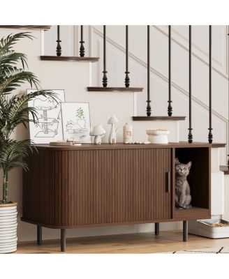 37.4" Modern Litter Box Enclosure Cabinet with Fluted Sliding Door and Scratch Pad
