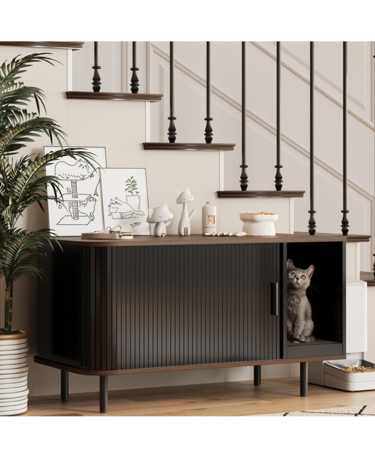 Vabches 37.4" Modern Litter Box Enclosure Cabinet with Fluted Sliding Door and Scratch Pad