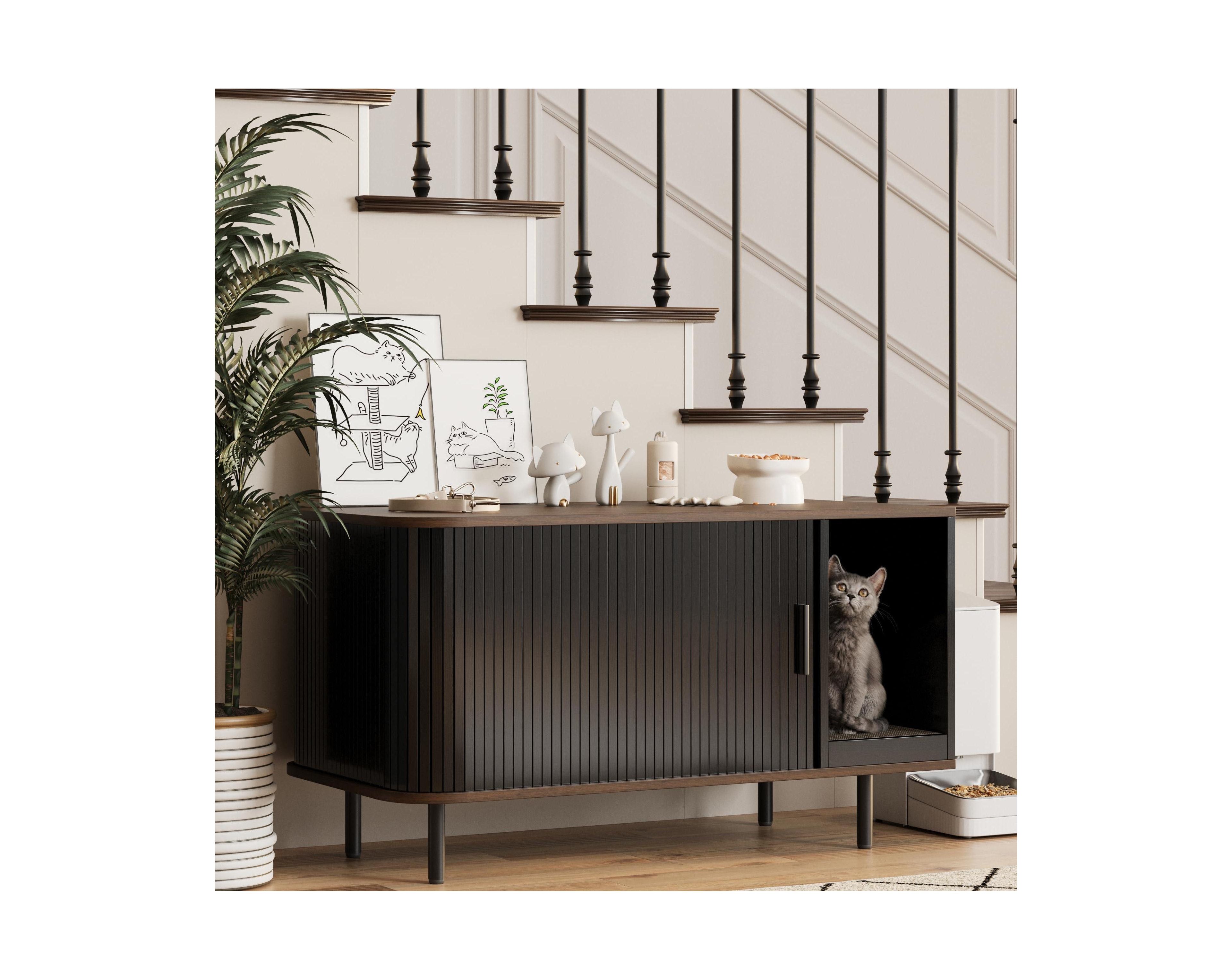 Vabches 37.4" Modern Litter Box Enclosure Cabinet with Fluted Sliding Door and Scratch Pad