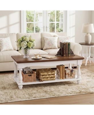 2-Tier Storage Farmhouse Coffee Table with Solid Wood Legs for Living Room