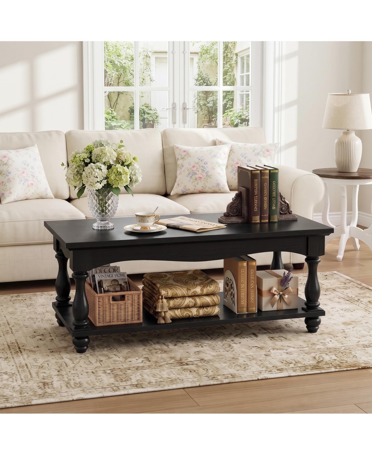 Aheaplus 2-Tier Storage Farmhouse Coffee Table with Solid Wood Legs for Living Room