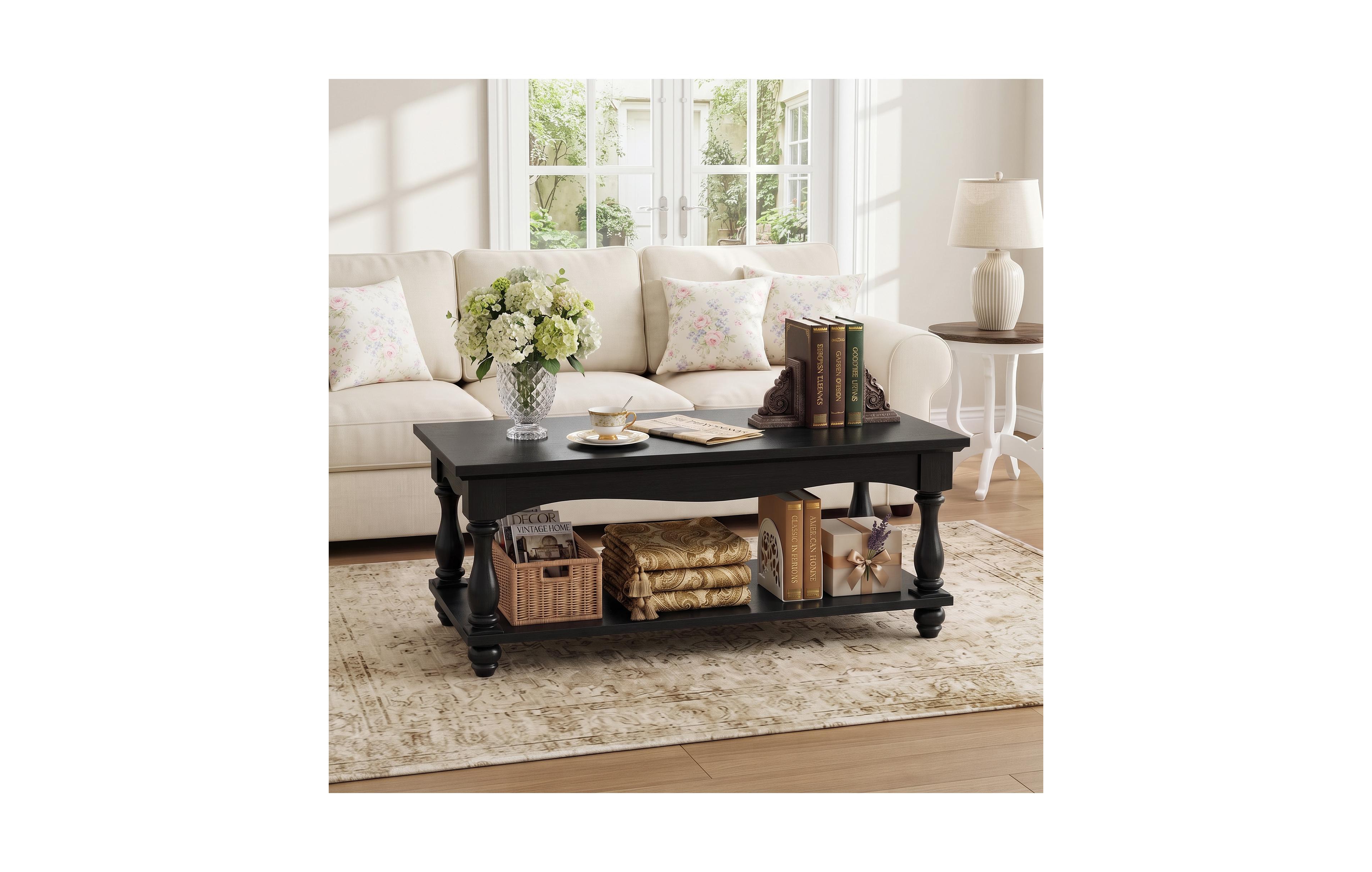 Aheaplus 2-Tier Storage Farmhouse Coffee Table with Solid Wood Legs for Living Room