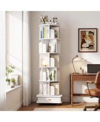 6-Tier Corner Rotating Bookshelf, Revolving Bookcase with Drawer and Wheels