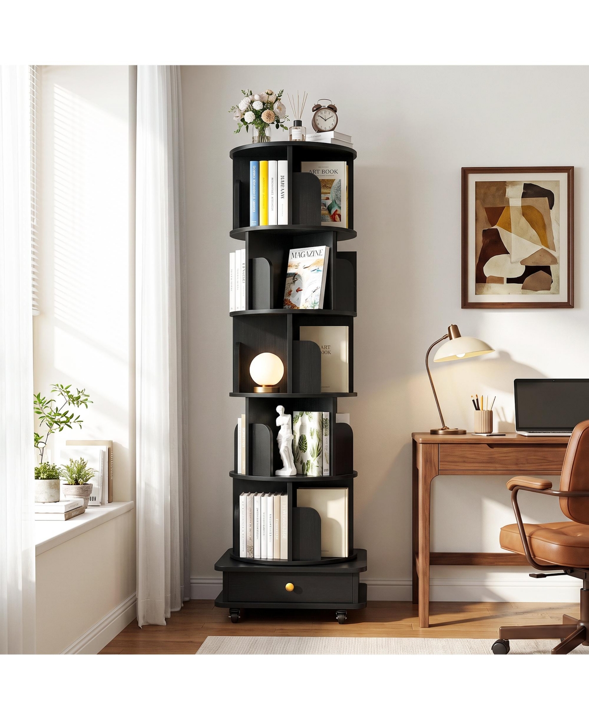 Aheaplus 6-Tier Corner Rotating Bookshelf, Revolving Bookcase with Drawer and Wheels